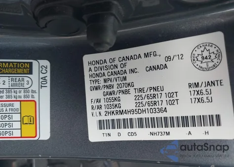 2013 Honda Cr-V Touring z USA, uszkodzony, nr VIN 2HKRM4H95DH103364